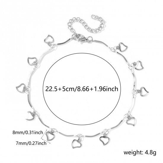 Immagine di Cuore 304 Acciaio Inossidabile Catena a Maglia Fatta a Mano Cavigliera della Stazione All'Ingrosso, Tono Argento Donne Semplice Dolce & Carino Regalo Fornitura di Gioielli, 22cm + 5cm Lunghezza, 1 Pz