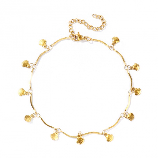 Immagine di Conchiglia 304 Acciaio Inossidabile Catena a Maglia Fatta a Mano Cavigliera della Stazione All'Ingrosso, 18K Vero Oro Placcato Placcatura Sottovuoto Ecologica Impermeabile Anti-Ossidante Ipoallergenico, Donne Semplice Dolce & Carino Regalo Fornitura di Gioielli, 22cm + 5cm Lunghezza, 1 Pz
