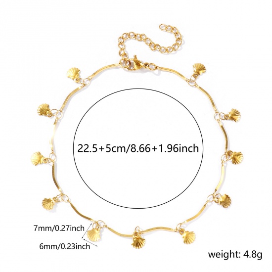 Immagine di Conchiglia 304 Acciaio Inossidabile Catena a Maglia Fatta a Mano Cavigliera della Stazione All'Ingrosso, 18K Vero Oro Placcato Placcatura Sottovuoto Ecologica Impermeabile Anti-Ossidante Ipoallergenico, Donne Semplice Dolce & Carino Regalo Fornitura di Gioielli, 22cm + 5cm Lunghezza, 1 Pz