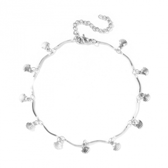 Immagine di Conchiglia 304 Acciaio Inossidabile Catena a Maglia Fatta a Mano Cavigliera della Stazione All'Ingrosso, Tono Argento Donne Semplice Dolce & Carino Regalo Fornitura di Gioielli, 22cm + 5cm Lunghezza, 1 Pz
