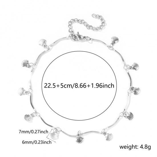 Immagine di Conchiglia 304 Acciaio Inossidabile Catena a Maglia Fatta a Mano Cavigliera della Stazione All'Ingrosso, Tono Argento Donne Semplice Dolce & Carino Regalo Fornitura di Gioielli, 22cm + 5cm Lunghezza, 1 Pz