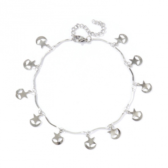 Picture of Wholesale Pentagram Star 304 Stainless Steel Handmade Link Chain Station Anklet, Silver Tone Women's Simple Sweet & Cute Gift Jewelry Supply, 22cm(8.7") + 5cm(2") long, 1 Piece