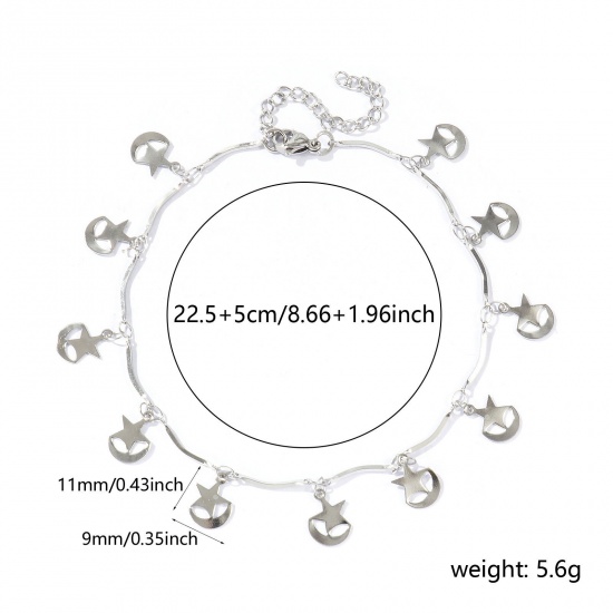 Picture of Wholesale Pentagram Star 304 Stainless Steel Handmade Link Chain Station Anklet, Silver Tone Women's Simple Sweet & Cute Gift Jewelry Supply, 22cm(8.7") + 5cm(2") long, 1 Piece