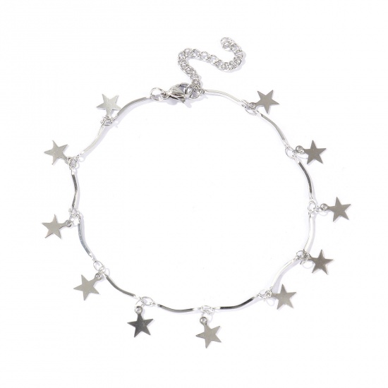 Picture of Wholesale Pentagram Star 304 Stainless Steel Handmade Link Chain Station Anklet, Silver Tone Women's Simple Sweet & Cute Gift Jewelry Supply, 22cm(8.7") + 5cm(2") long, 1 Piece