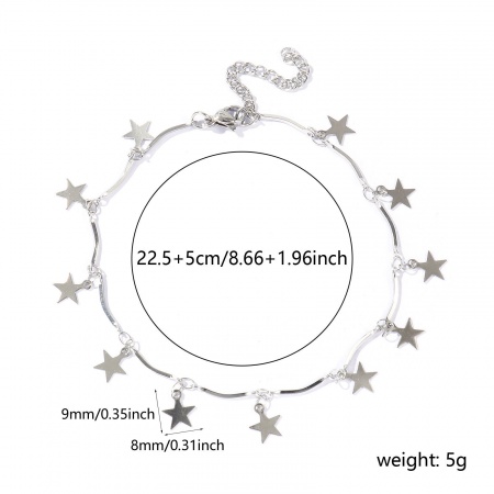 Bild von Großhandel Pentagramm Stern 304 Edelstahl Handgefertigte Gliederkette Station Fußkettchen, Silberfarbe Frauen Einfach Süß Geschenk Schmuckbedarf, 22cm + 5cm lang, 1 Strang