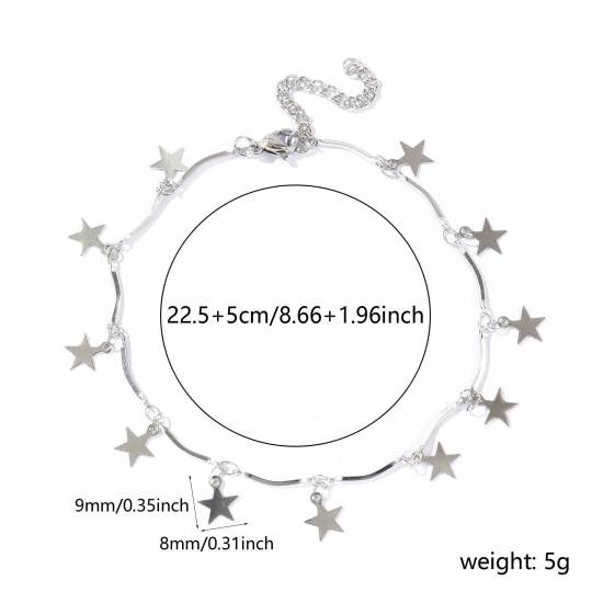 Picture of Wholesale Pentagram Star 304 Stainless Steel Handmade Link Chain Station Anklet, Silver Tone Women's Simple Sweet & Cute Gift Jewelry Supply, 22cm(8.7") + 5cm(2") long, 1 Piece