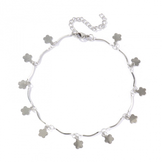 Picture of Wholesale Flower Leaves 304 Stainless Steel Handmade Link Chain Station Anklet, Silver Tone Women's Simple Sweet & Cute Gift Jewelry Supply, 22cm(8.7") + 5cm(2") long, 1 Piece