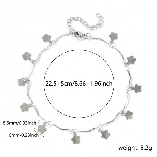 Picture of Wholesale Flower Leaves 304 Stainless Steel Handmade Link Chain Station Anklet, Silver Tone Women's Simple Sweet & Cute Gift Jewelry Supply, 22cm(8.7") + 5cm(2") long, 1 Piece