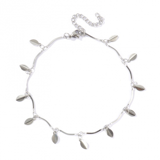 Picture of Wholesale Leaf 304 Stainless Steel Handmade Link Chain Station Anklet, Silver Tone Women's Simple Sweet & Cute Gift Jewelry Supply, 22cm(8.7") + 5cm(2") long, 1 Piece