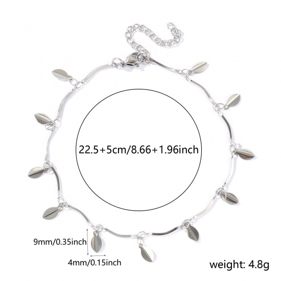 Picture of Wholesale Leaf 304 Stainless Steel Handmade Link Chain Station Anklet, Silver Tone Women's Simple Sweet & Cute Gift Jewelry Supply, 22cm(8.7") + 5cm(2") long, 1 Piece