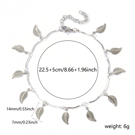 Picture of Wholesale Leaf 304 Stainless Steel Handmade Link Chain Station Anklet, Silver Tone Women's Simple Sweet & Cute Gift Jewelry Supply, 22cm(8.7") + 5cm(2") long, 1 Piece