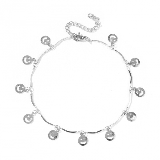 Picture of Wholesale Face 304 Stainless Steel Handmade Link Chain Station Anklet, Silver Tone Women's Simple Sweet & Cute Gift Jewelry Supply, 22cm(8.7") + 5cm(2") long, 1 Piece