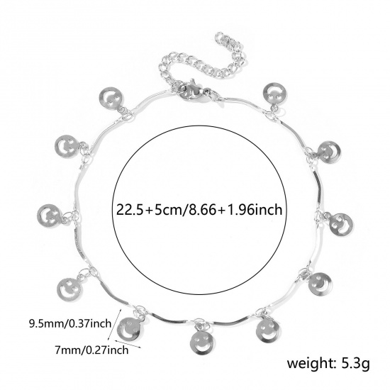Picture of Wholesale Face 304 Stainless Steel Handmade Link Chain Station Anklet, Silver Tone Women's Simple Sweet & Cute Gift Jewelry Supply, 22cm(8.7") + 5cm(2") long, 1 Piece