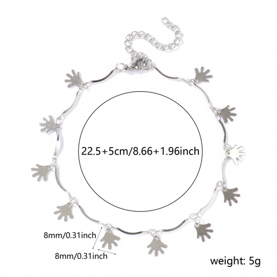 Picture of Wholesale Hamsa Symbol Hand 304 Stainless Steel Handmade Link Chain Station Anklet, Silver Tone Women's Simple Sweet & Cute Gift Jewelry Supply, 22cm(8.7") + 5cm(2") long, 1 Piece