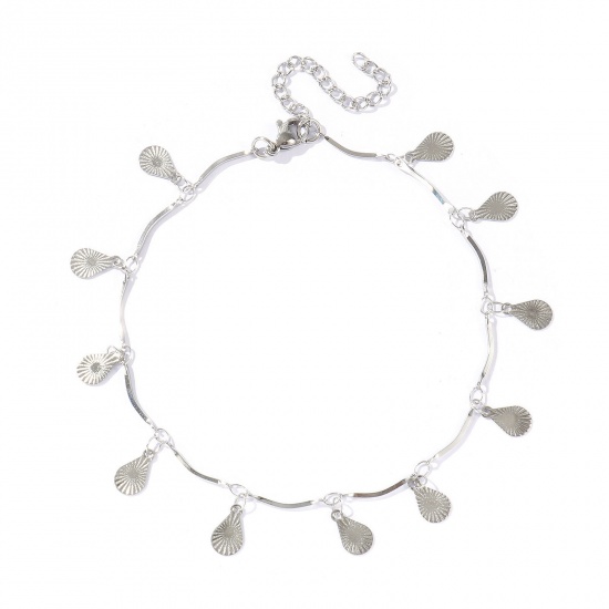 Picture of Wholesale Drop 304 Stainless Steel Handmade Link Chain Station Anklet, Silver Tone Women's Simple Sweet & Cute Gift Jewelry Supply, 22cm(8.7") + 5cm(2") long, 1 Piece