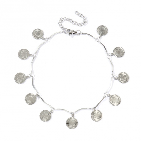 Picture of Wholesale Round 304 Stainless Steel Handmade Link Chain Station Anklet, Silver Tone Women's Simple Sweet & Cute Gift Jewelry Supply, 22cm(8.7") + 5cm(2") long, 1 Piece