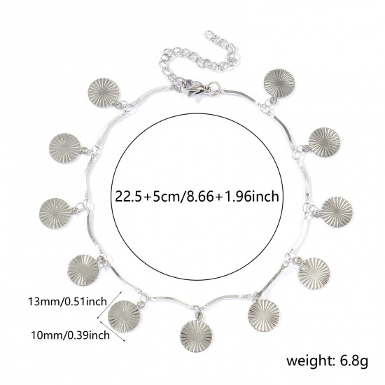 Picture of Wholesale Round 304 Stainless Steel Handmade Link Chain Station Anklet, Silver Tone Women's Simple Sweet & Cute Gift Jewelry Supply, 22cm(8.7") + 5cm(2") long, 1 Piece