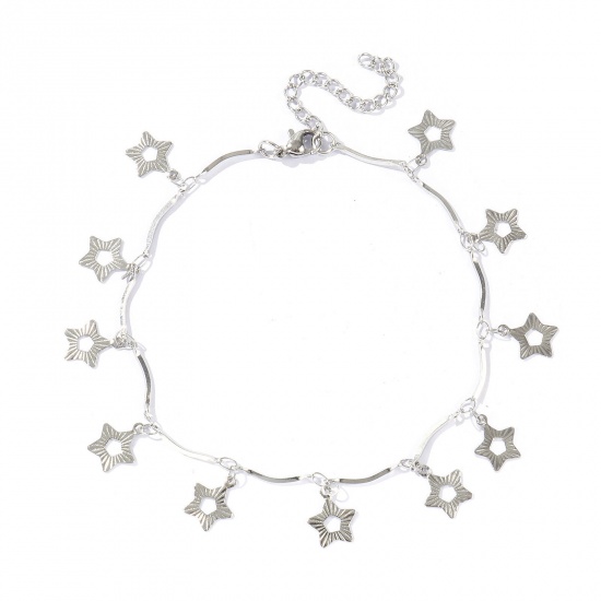 Picture of Wholesale Pentagram Star 304 Stainless Steel Handmade Link Chain Station Anklet, Silver Tone Women's Simple Sweet & Cute Gift Jewelry Supply, 22cm(8.7") + 5cm(2") long, 1 Piece