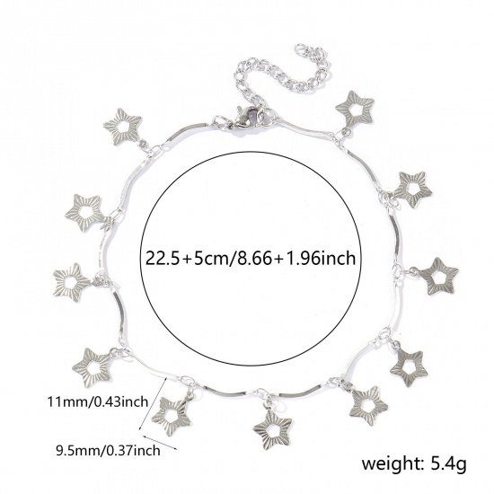 Picture of Wholesale Pentagram Star 304 Stainless Steel Handmade Link Chain Station Anklet, Silver Tone Women's Simple Sweet & Cute Gift Jewelry Supply, 22cm(8.7") + 5cm(2") long, 1 Piece