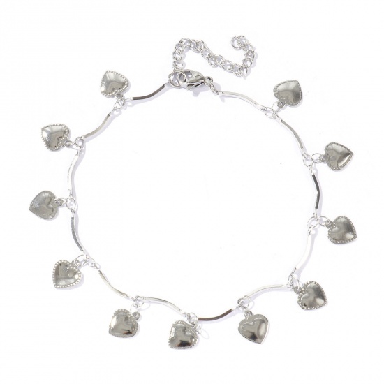 Picture of Wholesale Heart 304 Stainless Steel Handmade Link Chain Station Anklet, Silver Tone Women's Simple Sweet & Cute Gift Jewelry Supply, 22cm(8.7") + 5cm(2") long, 1 Piece