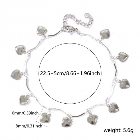 Picture of Wholesale Heart 304 Stainless Steel Handmade Link Chain Station Anklet, Silver Tone Women's Simple Sweet & Cute Gift Jewelry Supply, 22cm(8.7") + 5cm(2") long, 1 Piece