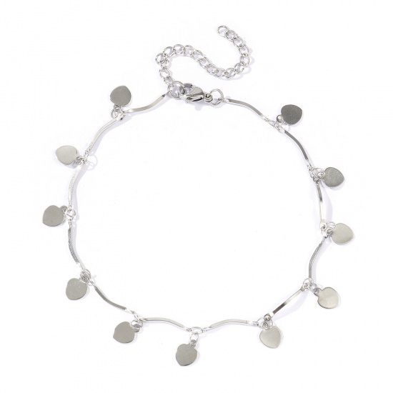 Picture of Wholesale Heart 304 Stainless Steel Handmade Link Chain Station Anklet, Silver Tone Women's Simple Sweet & Cute Gift Jewelry Supply, 22cm(8.7") + 5cm(2") long, 1 Piece