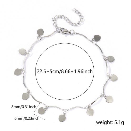 Picture of Wholesale Heart 304 Stainless Steel Handmade Link Chain Station Anklet, Silver Tone Women's Simple Sweet & Cute Gift Jewelry Supply, 22cm(8.7") + 5cm(2") long, 1 Piece
