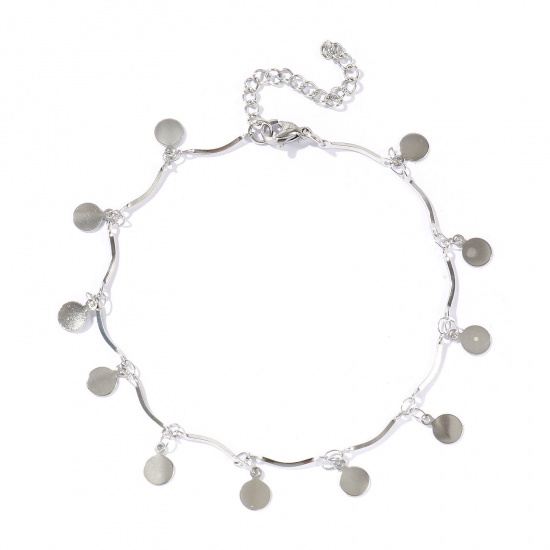 Picture of Wholesale Round 304 Stainless Steel Handmade Link Chain Station Anklet, Silver Tone Women's Simple Sweet & Cute Gift Jewelry Supply, 22cm(8.7") + 5cm(2") long, 1 Piece