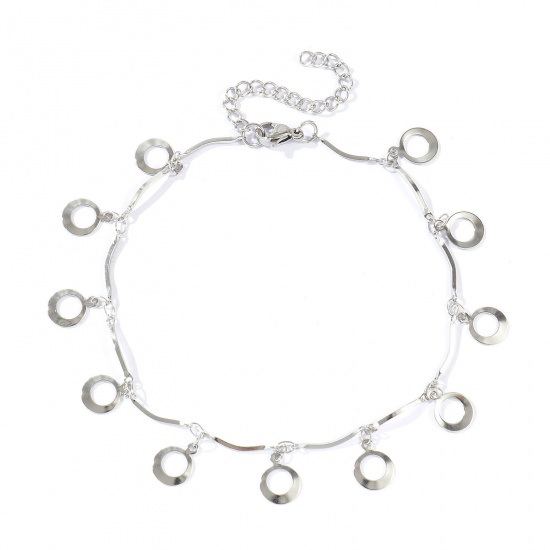Picture of Wholesale Circle Ring 304 Stainless Steel Handmade Link Chain Station Anklet, Silver Tone Women's Simple Sweet & Cute Gift Jewelry Supply, 22cm(8.7") + 5cm(2") long, 1 Piece