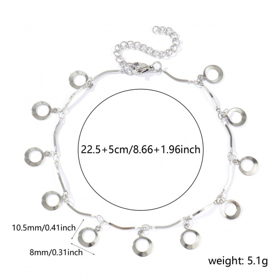 Picture of Wholesale Circle Ring 304 Stainless Steel Handmade Link Chain Station Anklet, Silver Tone Women's Simple Sweet & Cute Gift Jewelry Supply, 22cm(8.7") + 5cm(2") long, 1 Piece