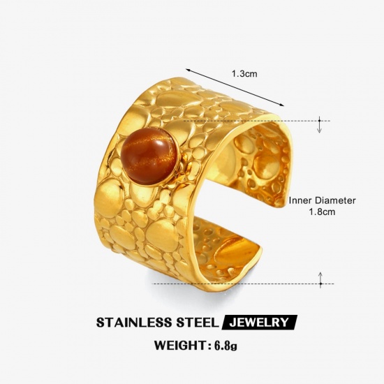 Picture of Wholesale Unisex Gift Brown Open Adjustable Rings, 18K Gold Plated 304 Stainless Steel & Stone, PVD Simple Retro Jewelry Supply, 18mm(US Size 7.75), 1 Piece
