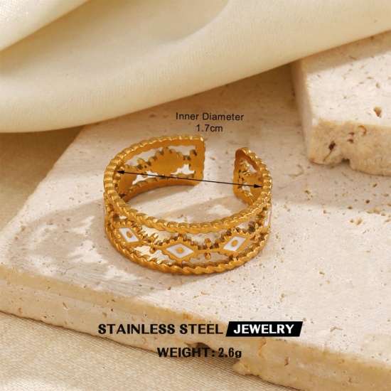 Picture of Wholesale Unisex Gift White Enamel Open Adjustable Rings, 18K Gold Plated 304 Stainless Steel, PVD Simple Stylish Jewelry Supply, 17mm(US Size 6.5), 1 Piece