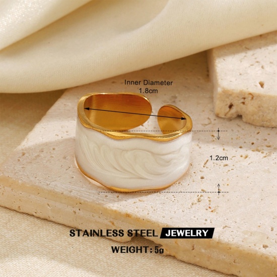 Picture of Wholesale Unisex Gift White Enamel Open Adjustable Rings, 18K Gold Plated 304 Stainless Steel, PVD Simple Stylish Jewelry Supply, 18mm(US Size 7.75), 1 Piece
