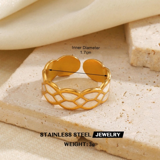 Picture of Wholesale Unisex Gift White Enamel Open Adjustable Rings, 18K Gold Plated 304 Stainless Steel, PVD Simple Stylish Jewelry Supply, 17mm(US Size 6.5), 1 Piece