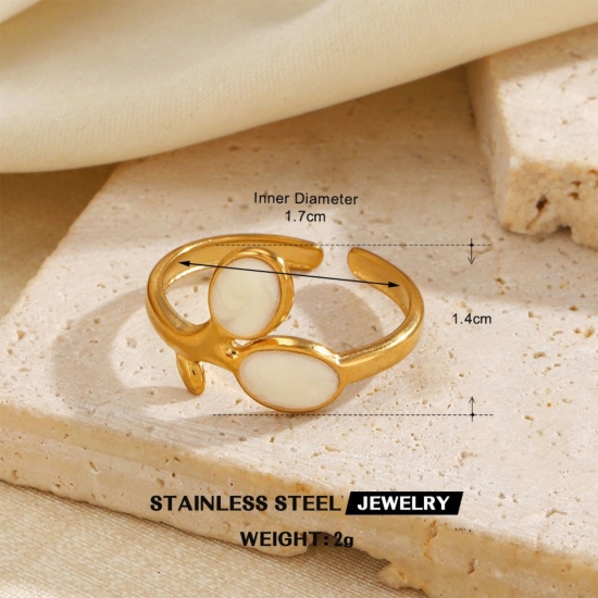 Picture of Wholesale Unisex Gift Leaf White Enamel Open Adjustable Rings, 18K Gold Plated 304 Stainless Steel, PVD Simple Stylish Jewelry Supply, 17mm(US Size 6.5), 1 Piece