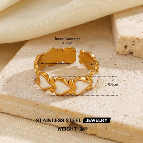 Picture of Wholesale Unisex Gift Heart White Enamel Open Adjustable Rings, 18K Gold Plated 304 Stainless Steel, PVD Simple Stylish Jewelry Supply, 17mm(US Size 6.5), 1 Piece