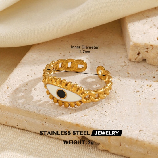 Picture of Wholesale Unisex Gift Eye Black & White Enamel Open Adjustable Rings, 18K Gold Plated 304 Stainless Steel, PVD Simple Stylish Jewelry Supply, 17mm(US Size 6.5), 1 Piece