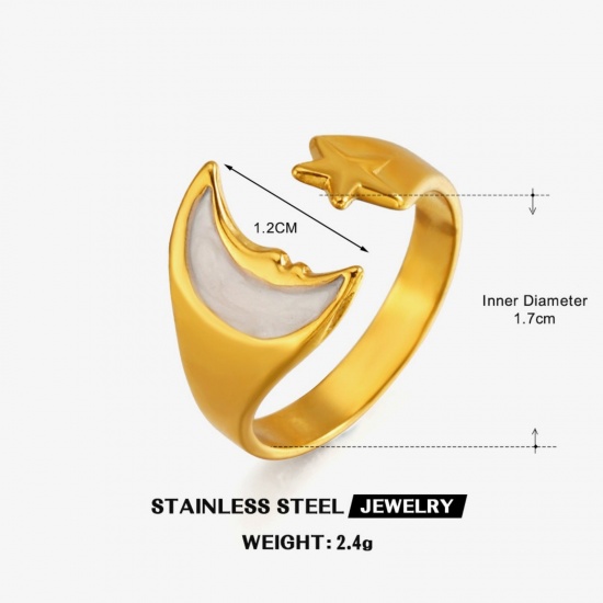Picture of Wholesale Women's Gift Sun Star White Enamel Open Adjustable Rings, 18K Gold Plated 304 Stainless Steel, PVD Galaxy Stylish Jewelry Supply, 17mm(US Size 6.5), 1 Piece