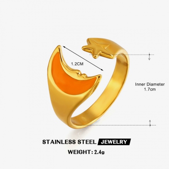 Picture of Wholesale Women's Gift Sun Star Orange Enamel Open Adjustable Rings, 18K Gold Plated 304 Stainless Steel, PVD Galaxy Stylish Jewelry Supply, 17mm(US Size 6.5), 1 Piece