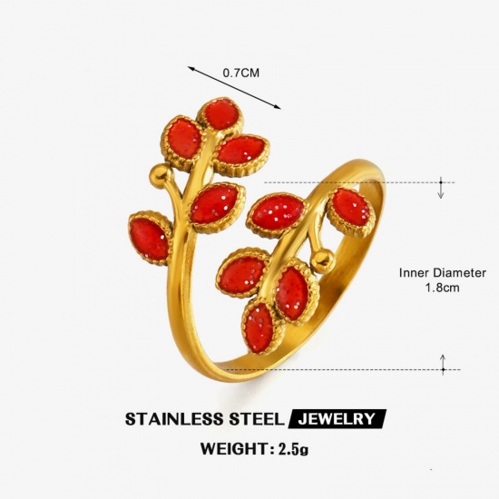 Picture of Wholesale Women's Gift Leaf Red Enamel Open Adjustable Rings, 18K Gold Plated 304 Stainless Steel, PVD Stylish Natural Pastoral Jewelry Supply, 18mm(US Size 7.75), 1 Piece