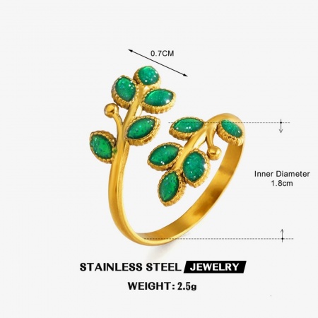 Imagen de Mujeres Regalo Hoja Verde Esmalte Abierto Ajustable Anillos Al Por Mayor, Chapado en Oro de 18K 304 Acero Inoxidable, PVD Elegante Pastoral Natural Suministro de Joyería, 18mm (US Size 7.75), 1 Unidad
