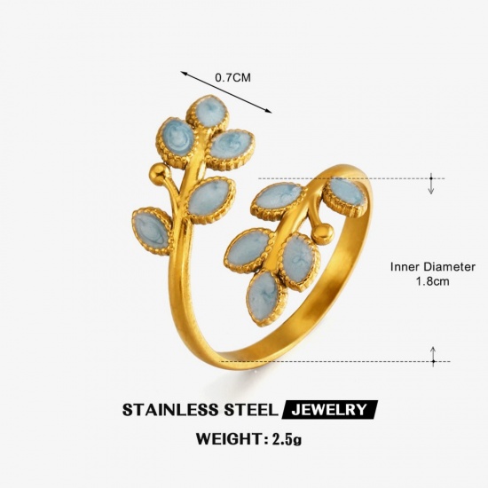 Picture of Wholesale Women's Gift Leaf Steel Gray Enamel Open Adjustable Rings, 18K Gold Plated 304 Stainless Steel, PVD Stylish Natural Pastoral Jewelry Supply, 18mm(US Size 7.75), 1 Piece