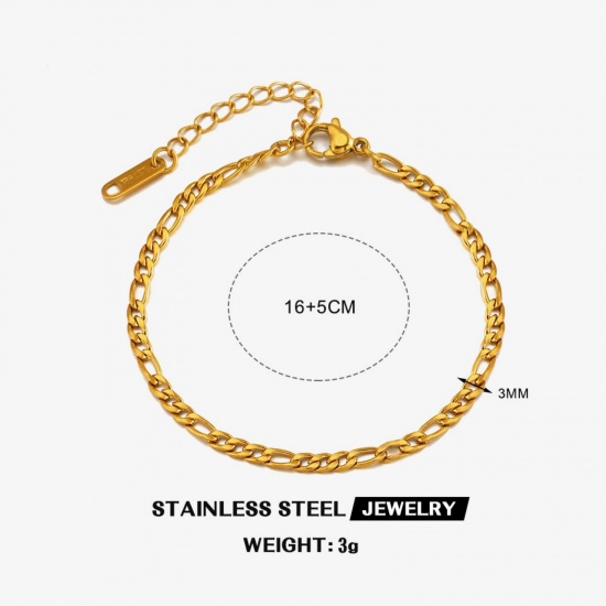 卸売り 304ステンレス鋼 3:1 フィガロチェーン ブレスレット、 18Kゴールドメッキ PVD、 ユニセックス シンプル ファッション おしゃれ プレゼント宝飾の供給 16cm + 5cm長さ、 1 本 の画像