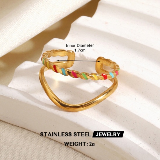 Immagine di Donne Regalo Multicolore Smalto Aperto Regolabile Anello All'Ingrosso, Placcato Oro 18K 304 Acciaio Inossidabile, PVD Ecologica Elegante Stile Ins Fornitura di Gioielli, 17mm (taglia di US: 6.5), 1 Pz