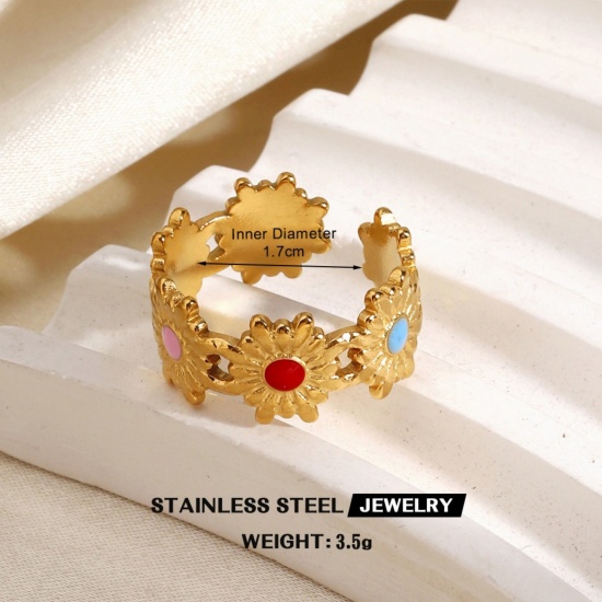 Immagine di Donne Regalo Fiore Multicolore Smalto Aperto Regolabile Anello All'Ingrosso, Placcato Oro 18K 304 Acciaio Inossidabile, PVD Ecologica Elegante Stile Ins Fornitura di Gioielli, 17mm (taglia di US: 6.5), 1 Pz