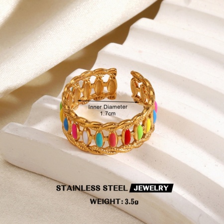 Imagen de Mujeres Regalo Multicolor Esmalte Abierto Ajustable Anillos Al Por Mayor, Chapado en Oro de 18K 304 Acero Inoxidable, PVD Ecológico Elegante Estilo Ins Suministro de Joyería, 17mm (US size 6.5), 1 Unidad
