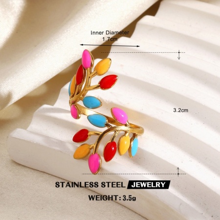 Imagen de Mujeres Regalo Hoja Multicolor Esmalte Abierto Ajustable Anillos Al Por Mayor, Chapado en Oro de 18K 304 Acero Inoxidable, PVD Ecológico Elegante Estilo Ins Suministro de Joyería, 17mm (US size 6.5), 1 Unidad