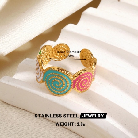 Picture of Wholesale Women's Gift Spiral Multicolor Enamel Open Adjustable Rings, 18K Gold Plated 304 Stainless Steel, Eco-friendly PVD Stylish Ins Style Jewelry Supply, 17mm(US Size 6.5), 1 Piece