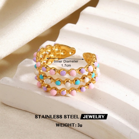 Immagine di Donne Regalo Multicolore Smalto Aperto Regolabile Anello All'Ingrosso, Placcato Oro 18K 304 Acciaio Inossidabile, PVD Ecologica Elegante Stile Ins Fornitura di Gioielli, 17mm (taglia di US: 6.5), 1 Pz