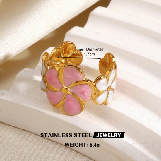 Immagine di Donne Regalo Fiore Multicolore Smalto Aperto Regolabile Anello All'Ingrosso, Placcato Oro 18K 304 Acciaio Inossidabile, PVD Ecologica Elegante Stile Ins Fornitura di Gioielli, 17mm (taglia di US: 6.5), 1 Pz